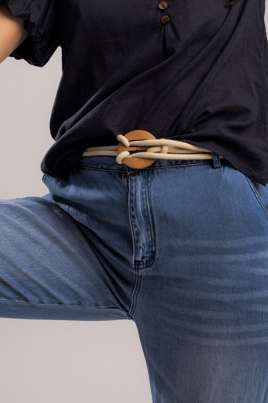 Beige Rope Belt Wooden Buckle