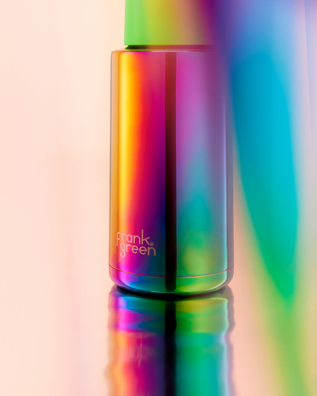 34oz Reuseable Bottle - Rainbow w Neon Green Lid