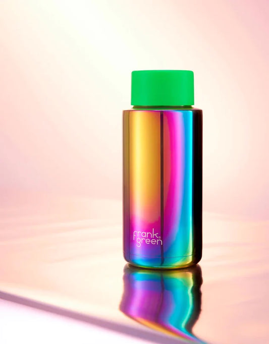 34oz Reuseable Bottle - Rainbow w Neon Green Lid