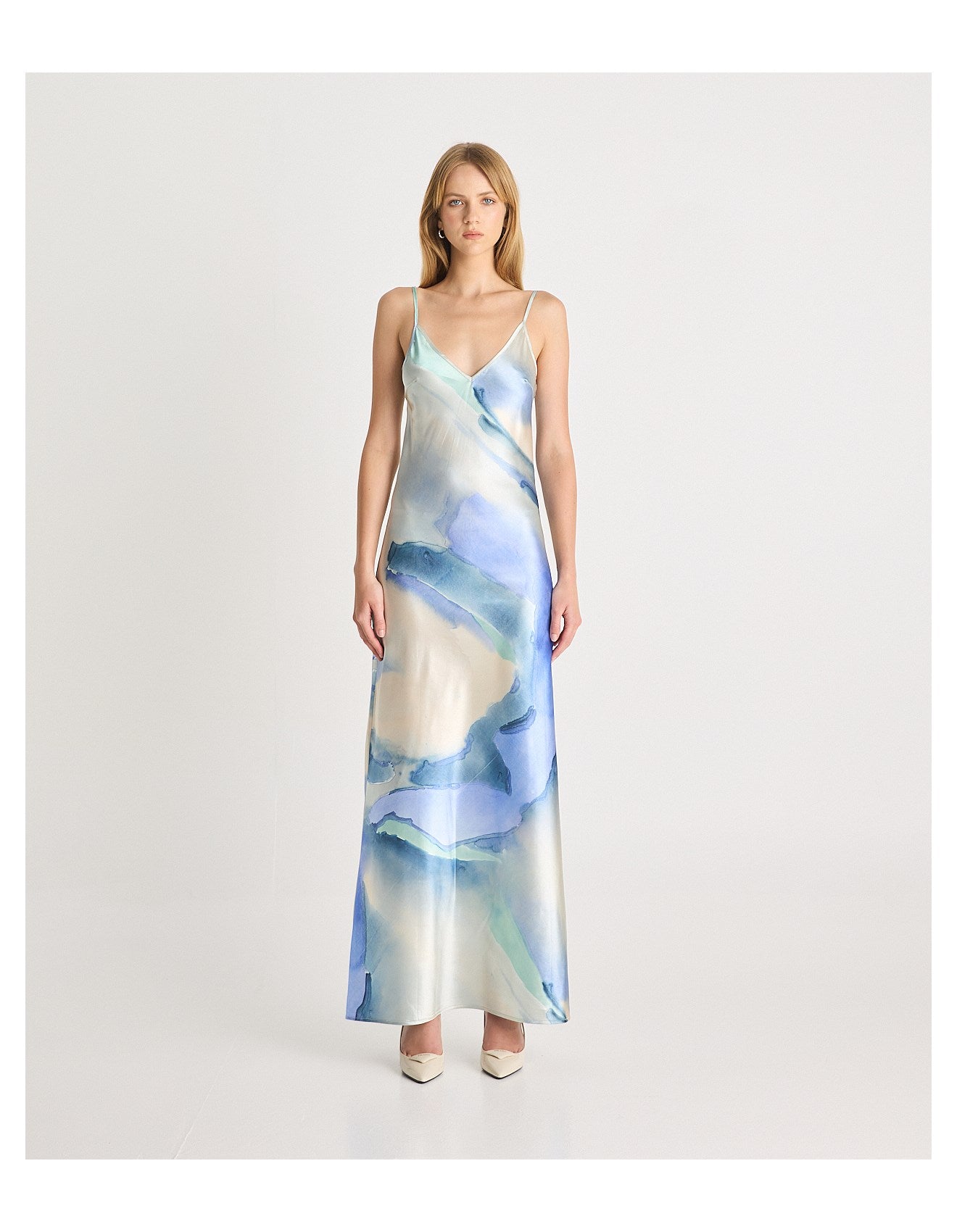 Satin Maxi Dress - Print Blue