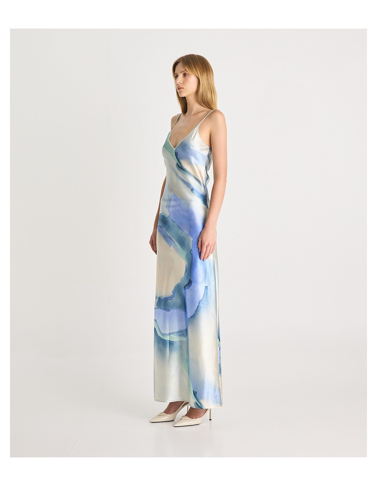 Satin Maxi Dress - Print Blue