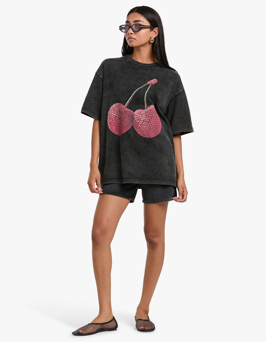 Cherry Baby Acid Wash Oversize Tee - Black