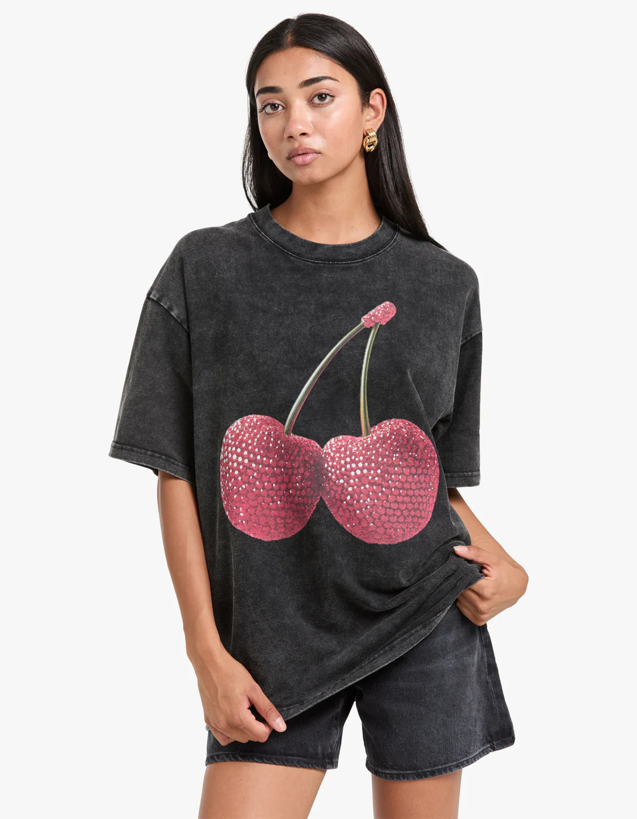 Cherry Baby Acid Wash Oversize Tee - Black