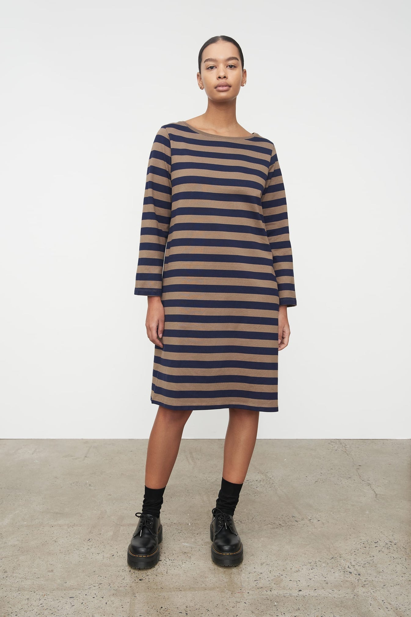Breton Dress - Navy/Taupe Stripe