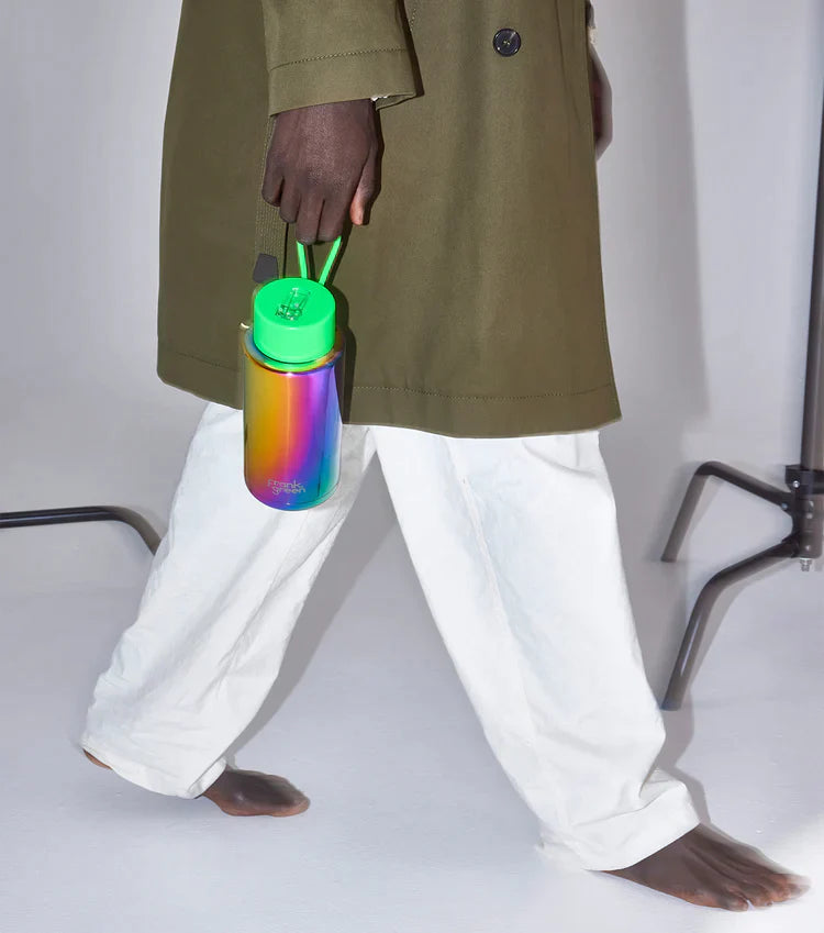 34oz Reuseable Bottle - Rainbow w Neon Green Lid